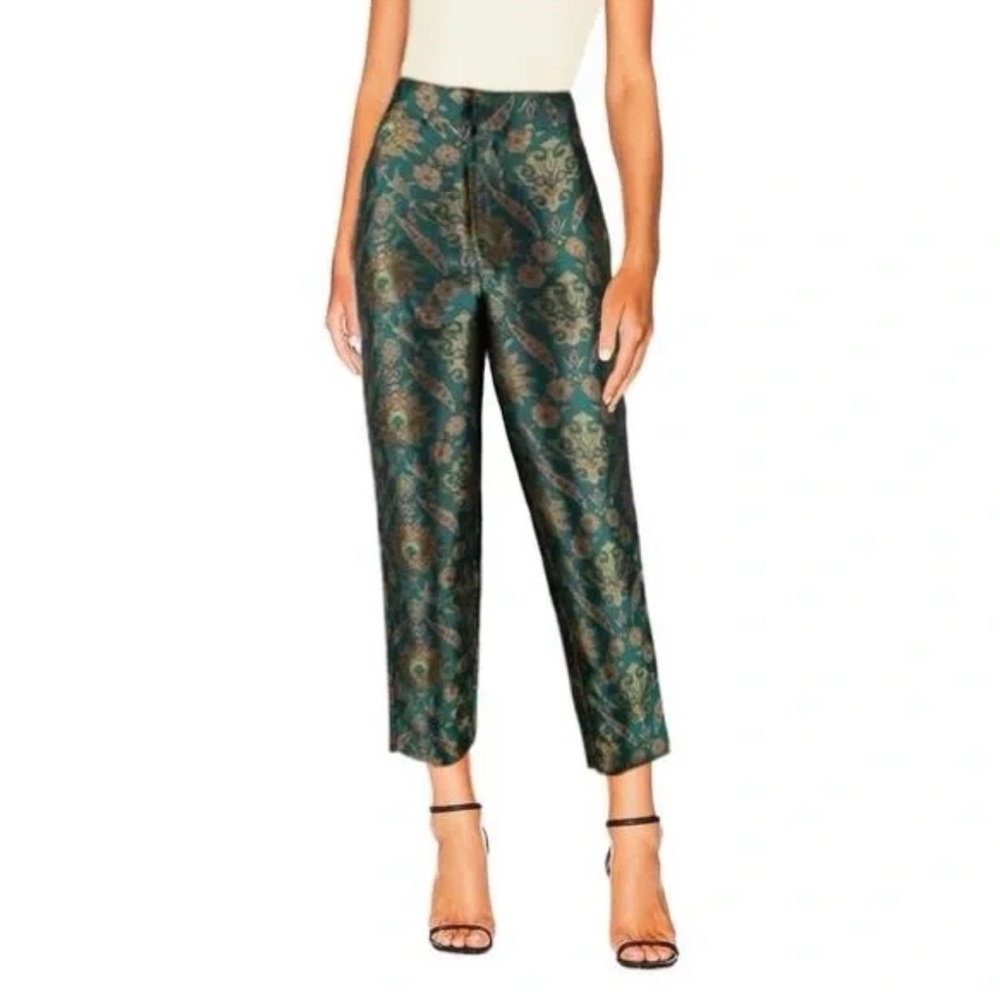 MAEVE Anthropologie‎ Metallic Jacquard Trouser Pant Small Teal Green Gold Ankle